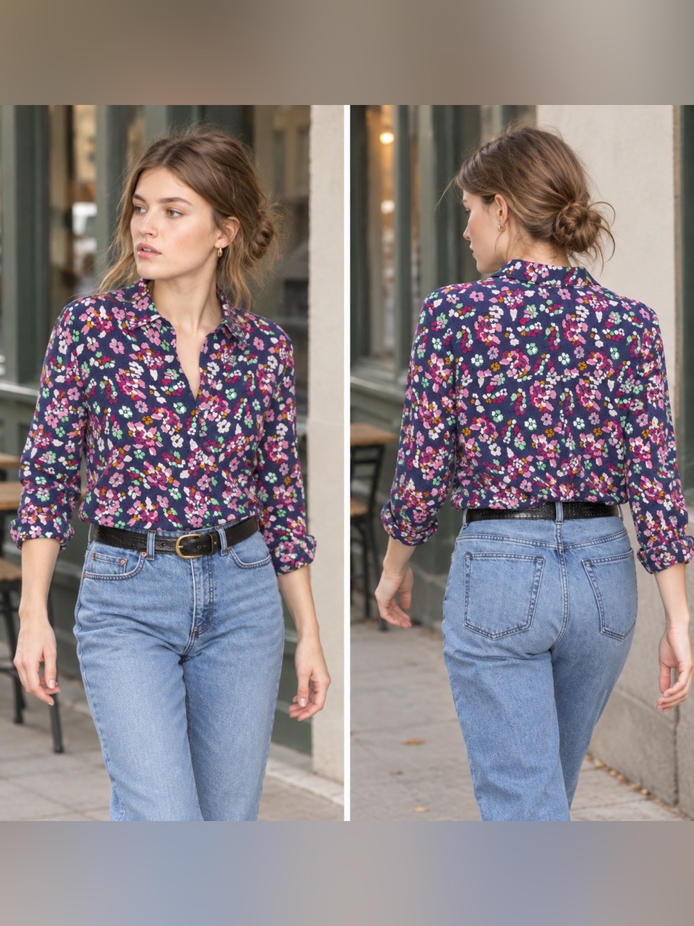 & Other Stories Silk Floral Button Down Blouse Navy Multicolor Size 12
